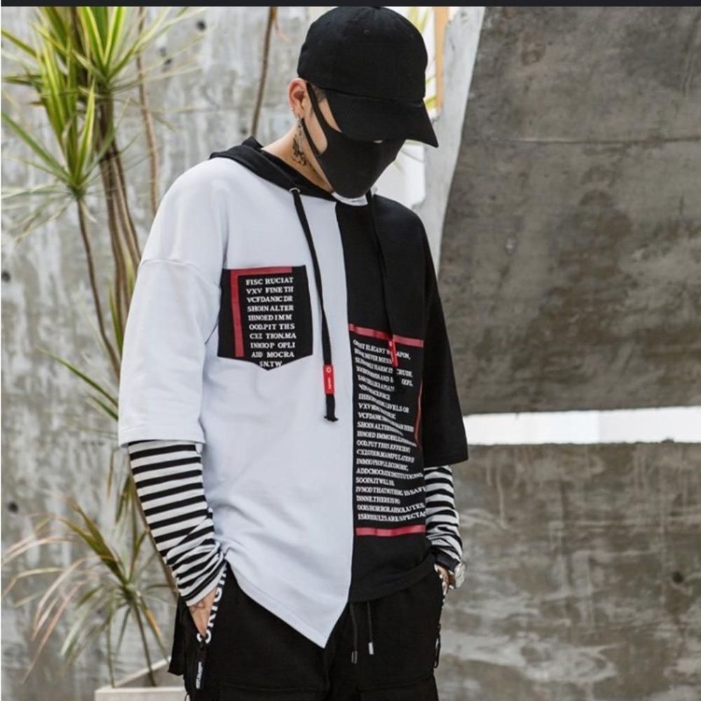 Urban Streetwear Hoodie Ninja Oversized Harlequin Striped Sleeves Sz S